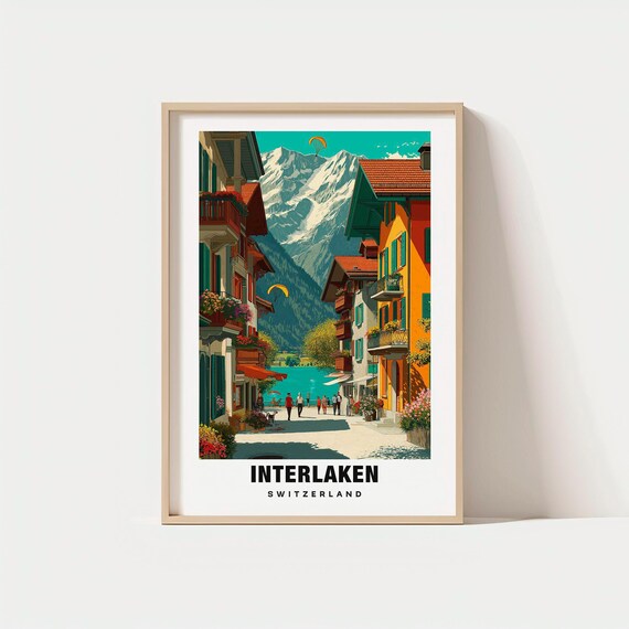 Interlaken Switzerland Alpine Street with Paragliders Poster