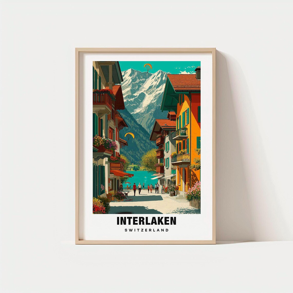 Interlaken Switzerland Alpine Street with Paragliders Poster