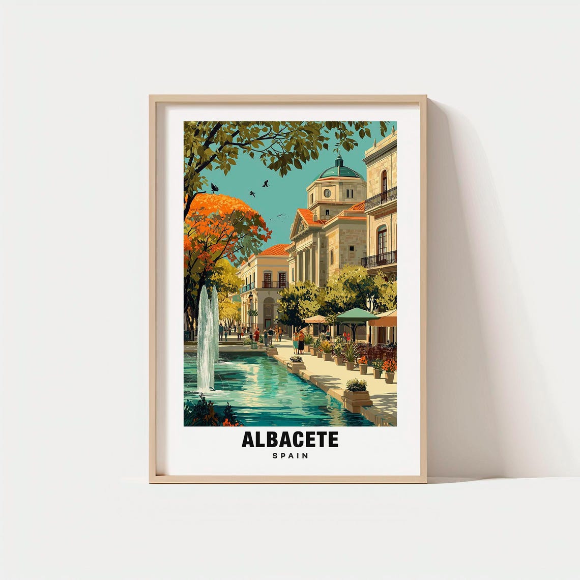 Albacete Spain Fountain Plaza Historic Building Autumn Scene Poster
