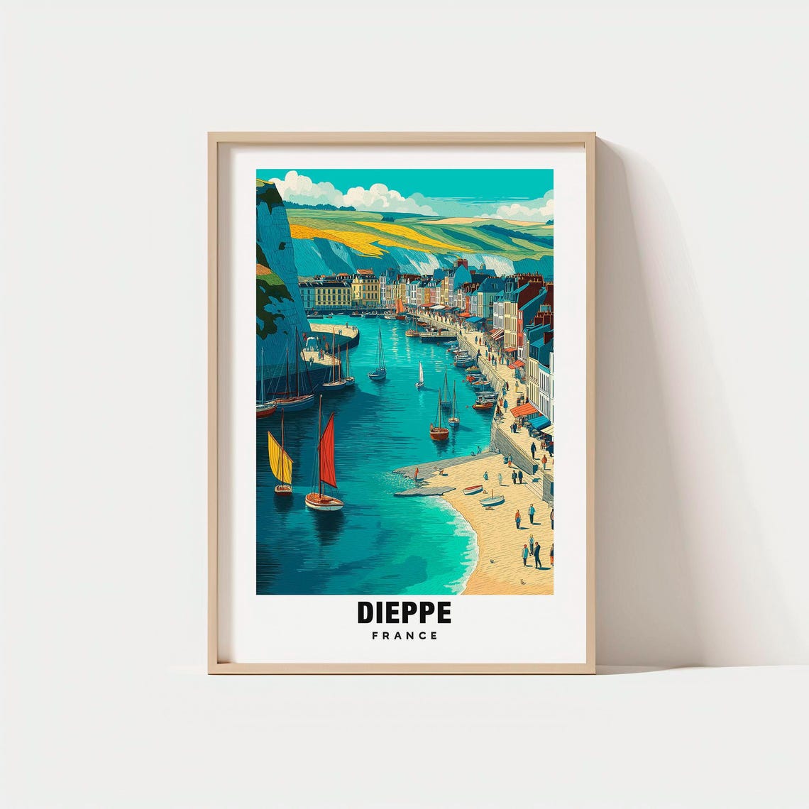 Dieppe France Harbor Sailboats White Cliffs Vintage Travel Poster
