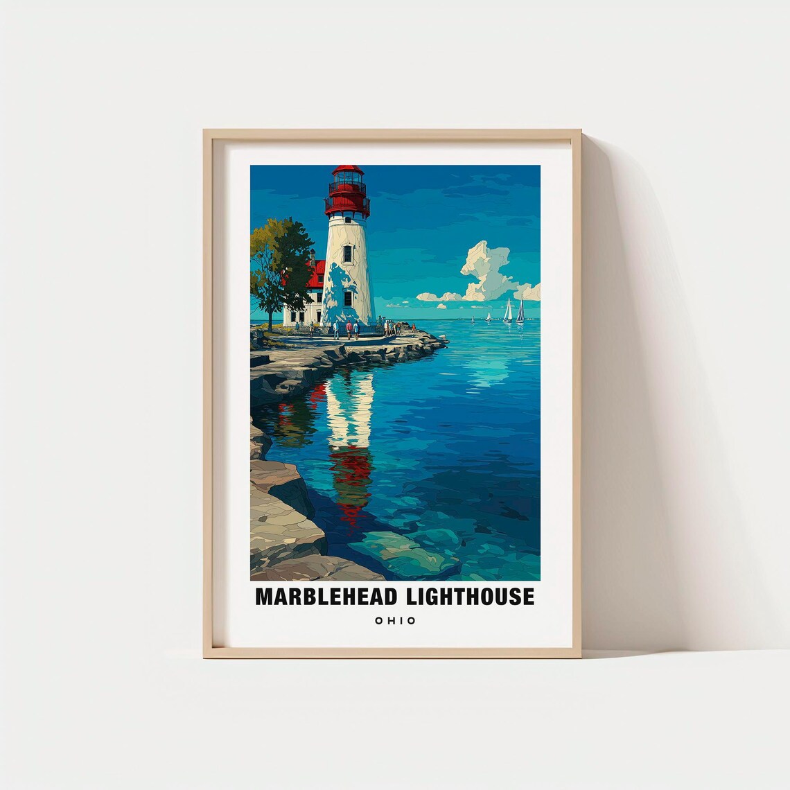 Marblehead Lighthouse Ohio Lake Erie Point Sailboats Vintage Poster