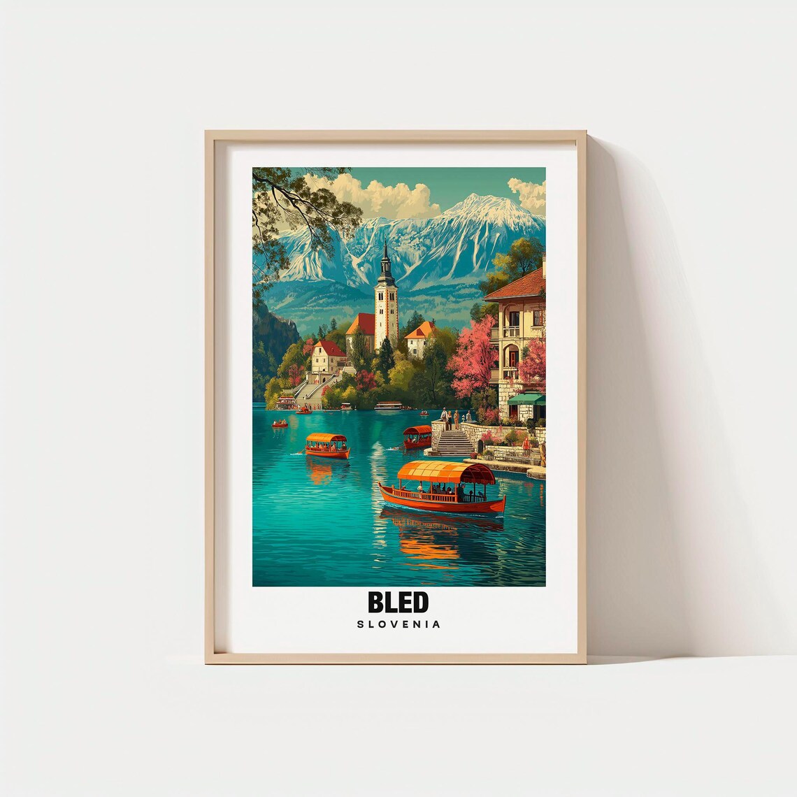 Bled Slovenia Lake Bled Wooden Pletna Boat Vintage Travel Poster