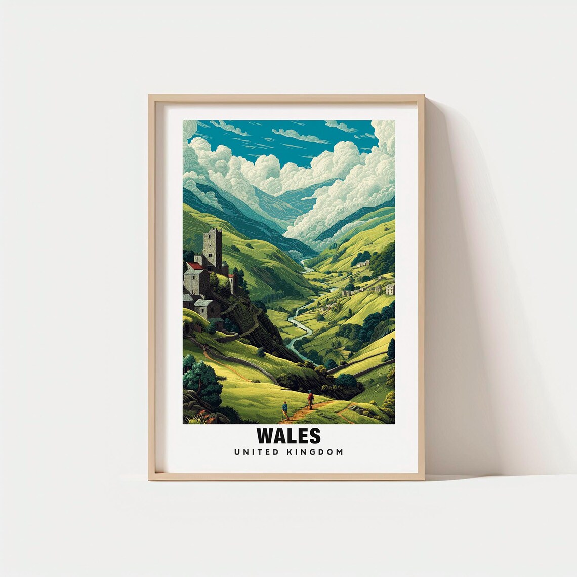 Wales United Kingdom Green Valley Castle Countryside Retro Poster
