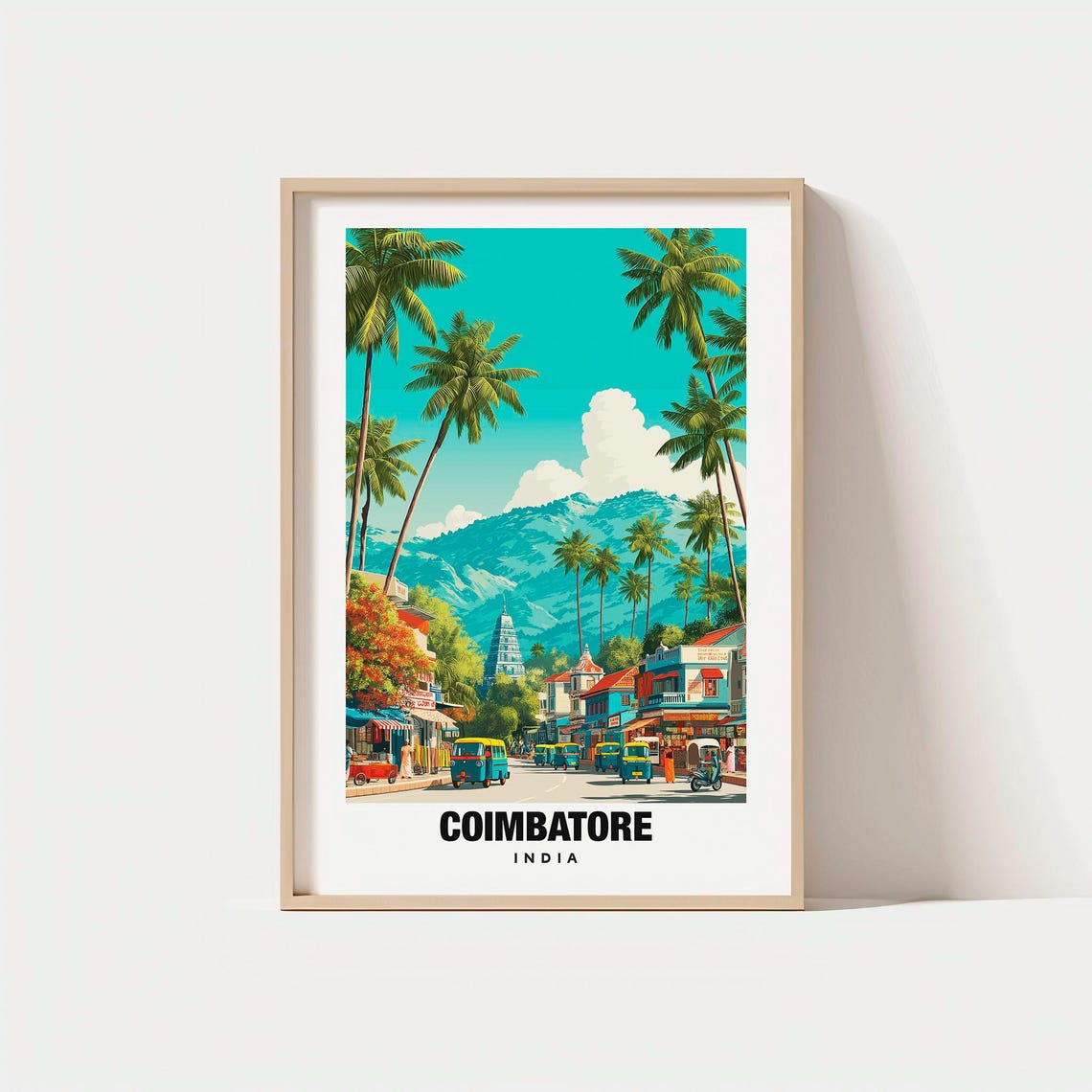 Coimbatore India Sunny Palm Lined Street Temple Towers Poster