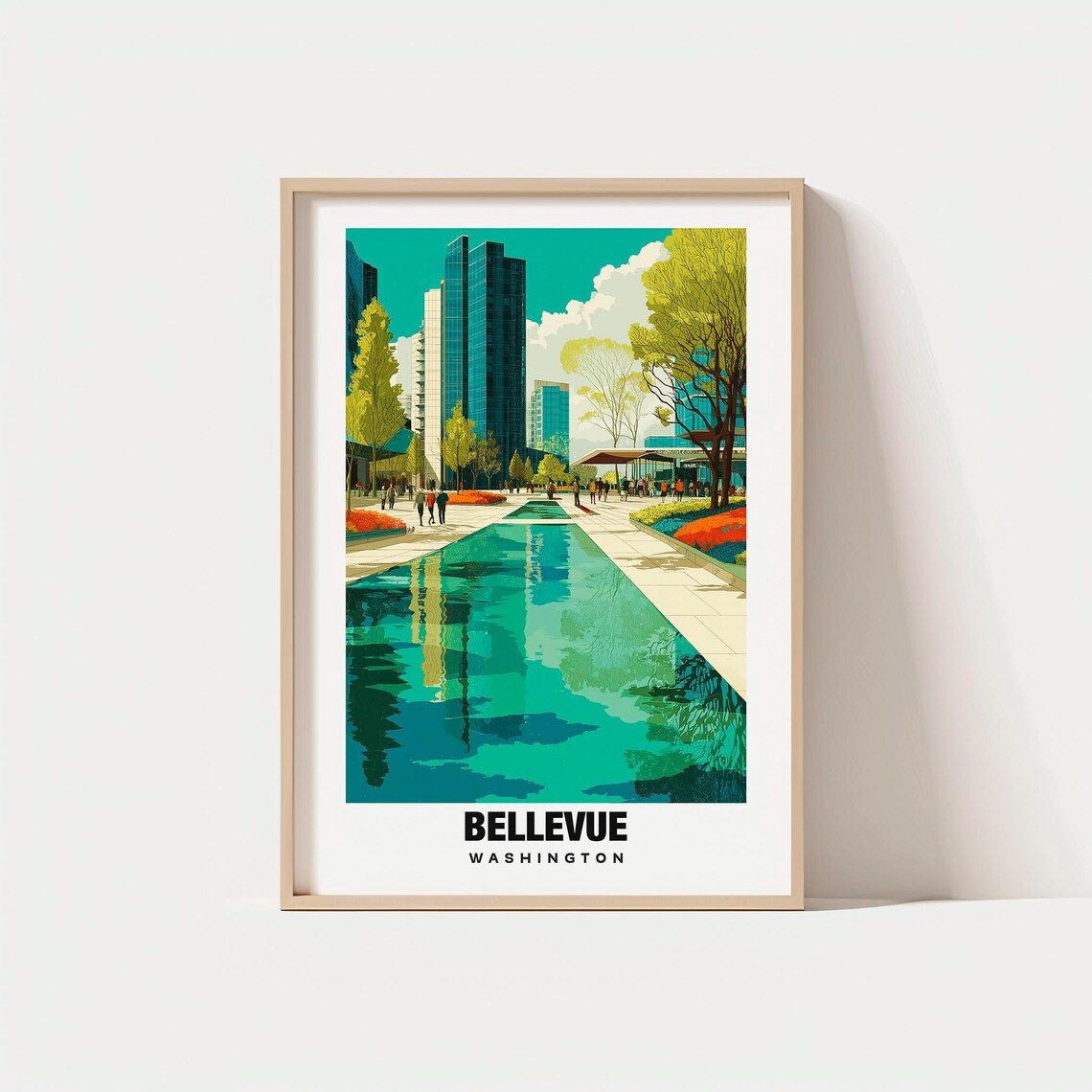 Modern Bellevue Washington Downtown Plaza Pool City Travel Poster