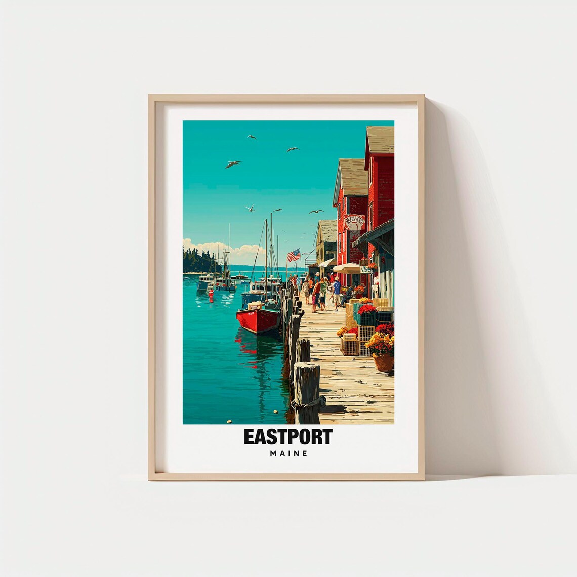 Classic Eastport Maine Harbor Boardwalk Fishing Boats Travel Poster