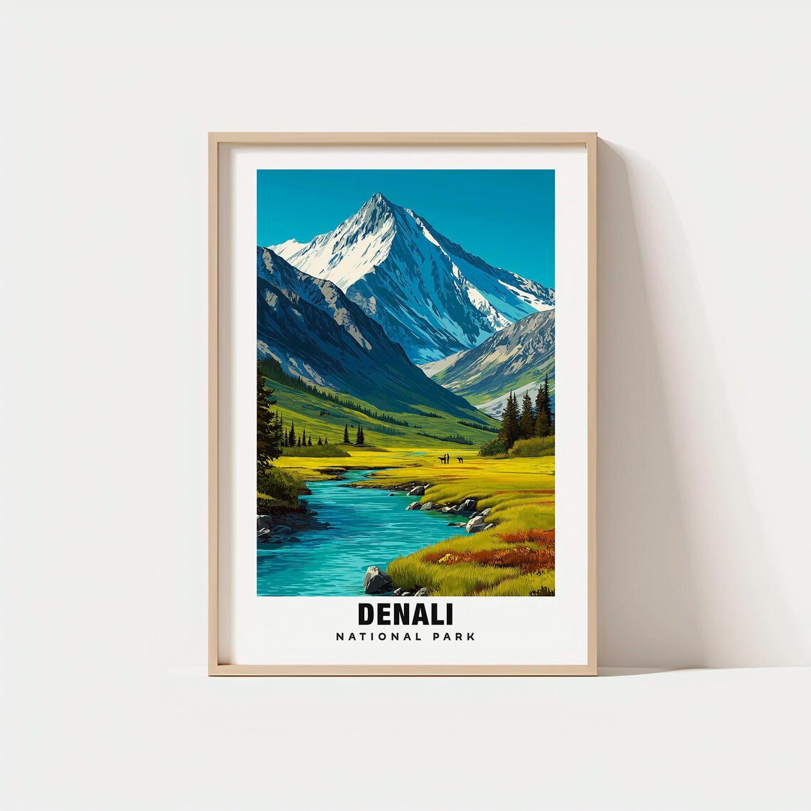Denali National Park Snowy Peak River Valley Alaska Scene Poster