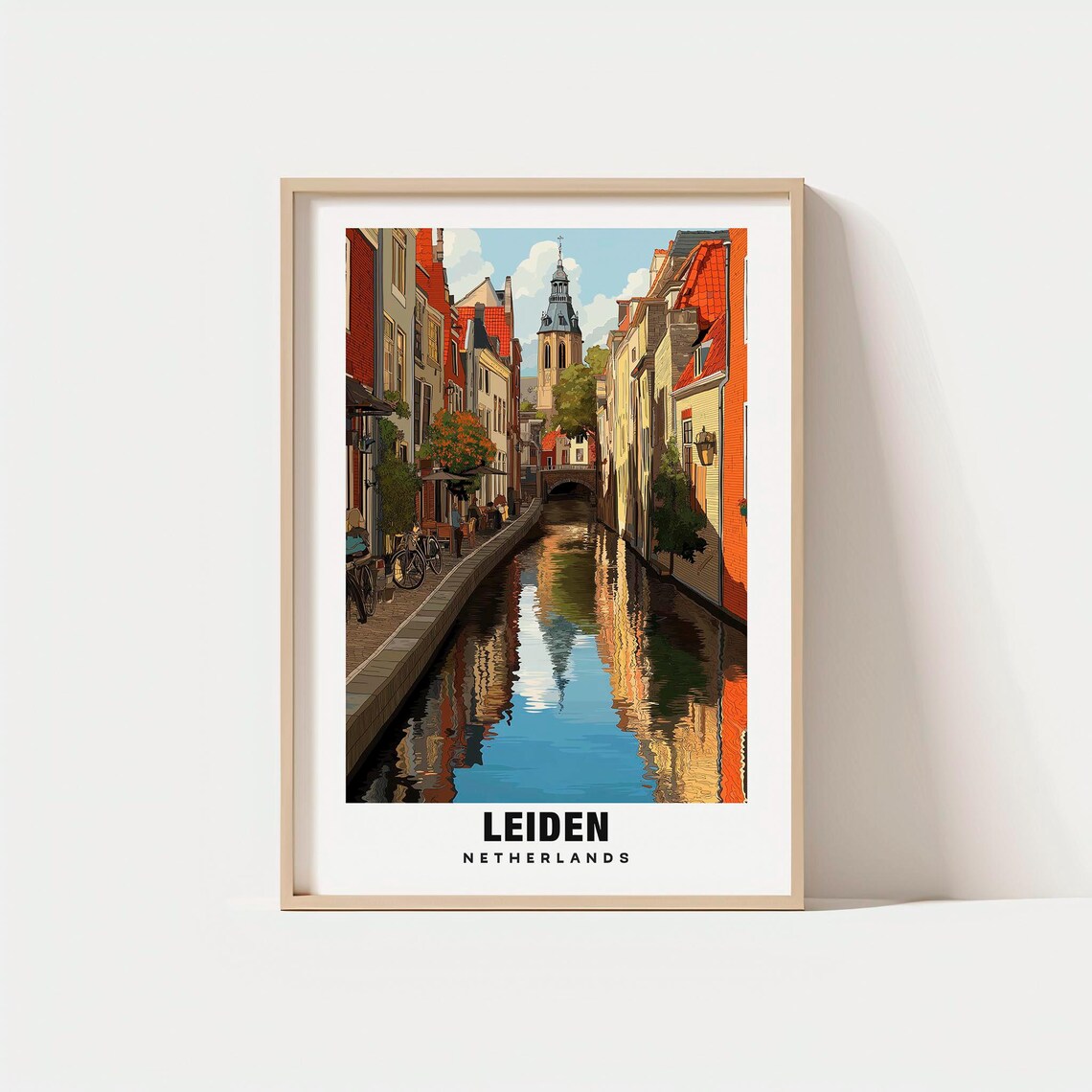 Leiden Netherlands Canal Historic Old Town Vintage Travel Poster