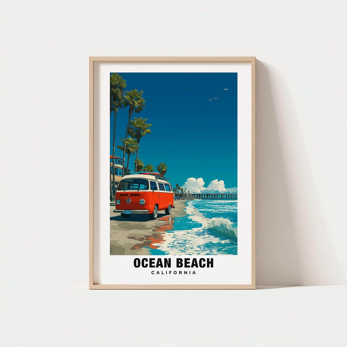Ocean Beach California Red VW Bus Palms Surfboards Travel Poster