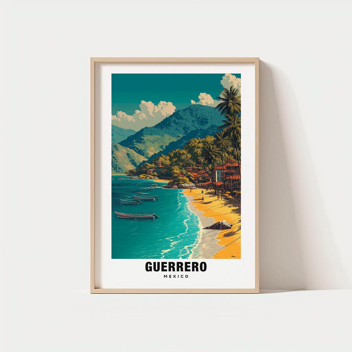 Guerrero Mexico Pacific Beach Boats Mountain Coast Travel Poster