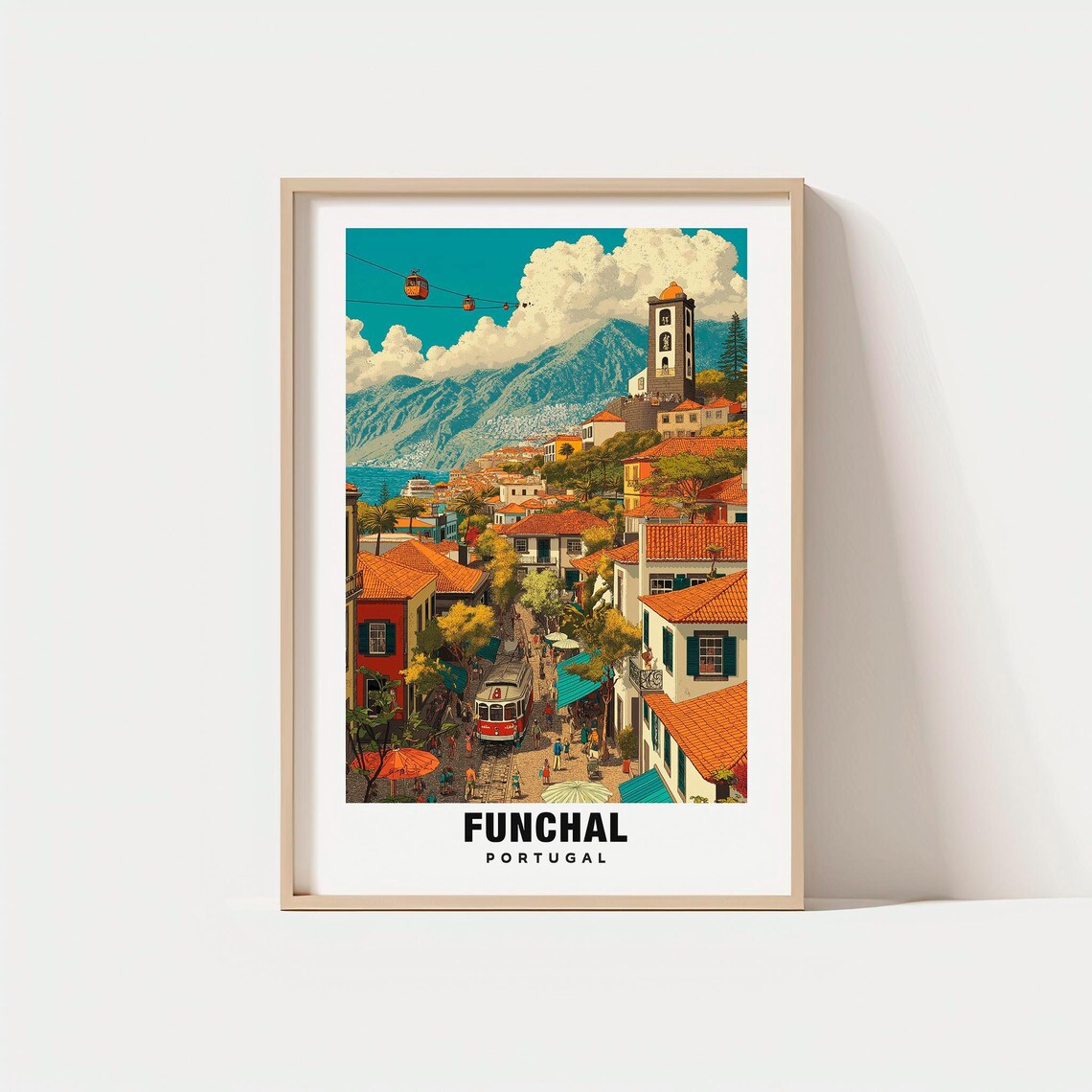 Funchal Portugal Cable Cars Red Roofs Hillside City Travel Poster
