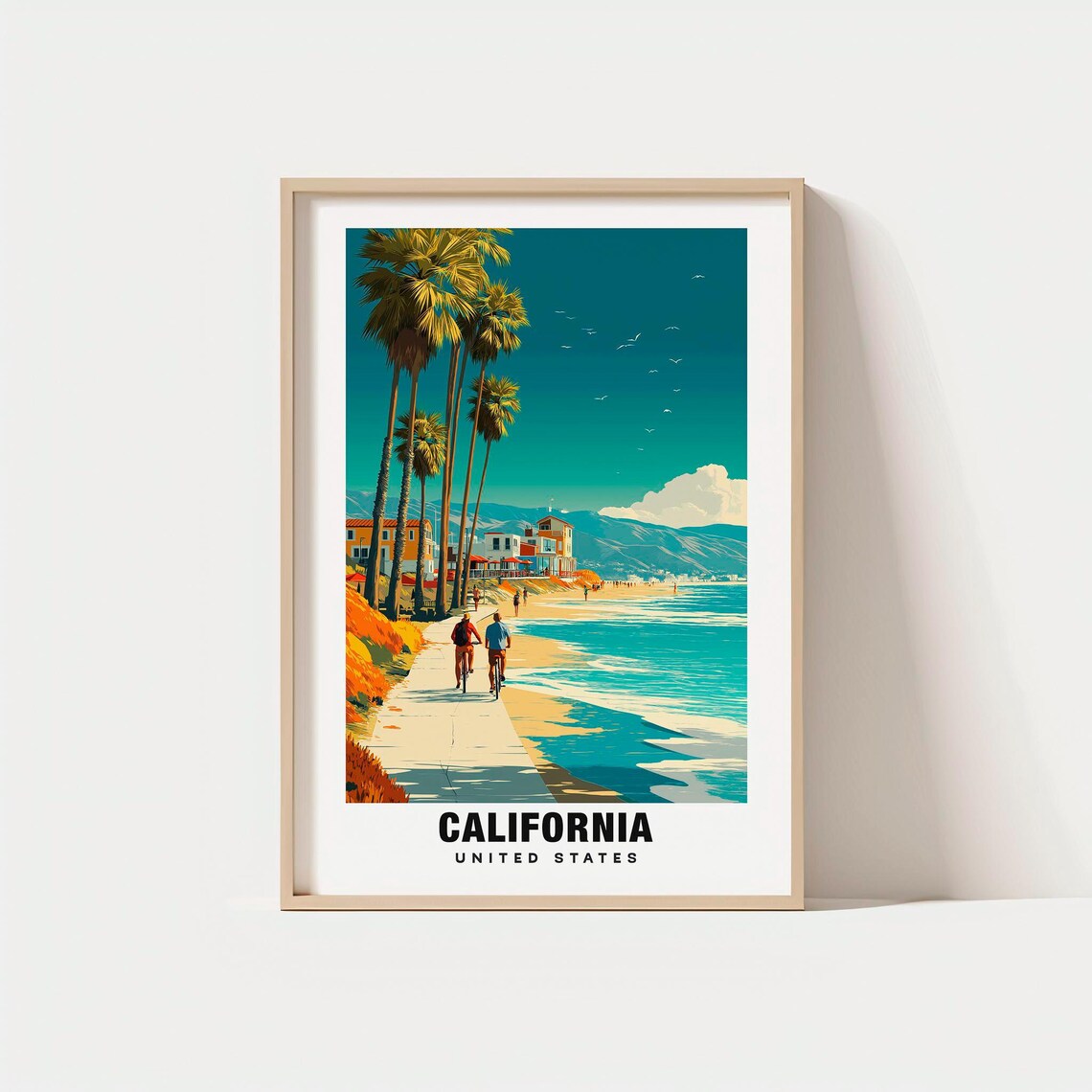 California Beach Boardwalk Palm Trees Cyclists Coastal Poster