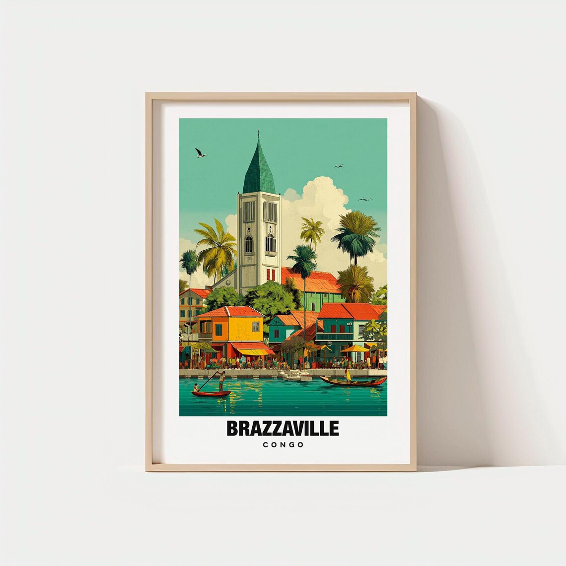 Brazzaville Congo Riverfront Church Bell Tower Colorful Travel Poster