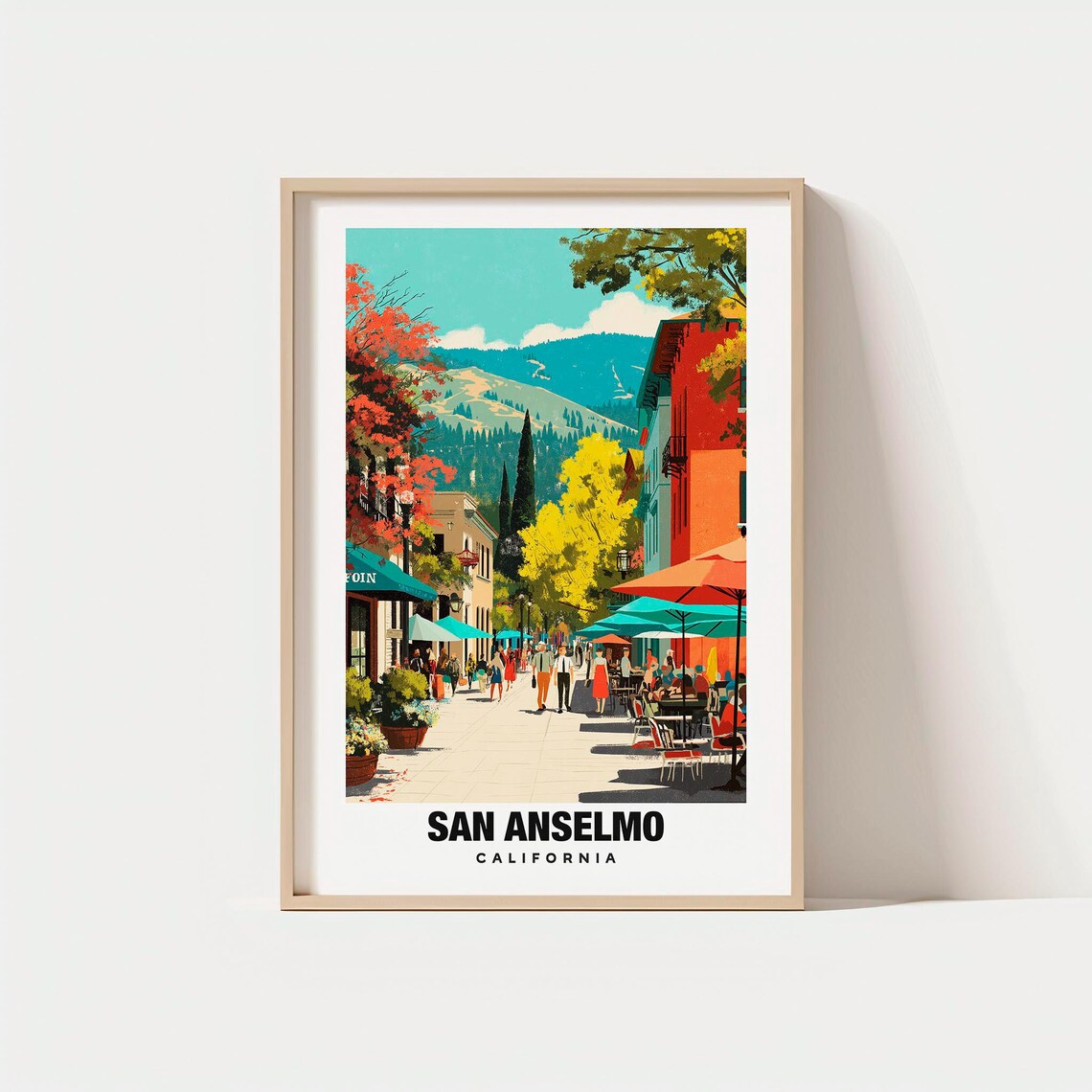 San Anselmo California Downtown Cafes Street Hills Vintage Poster