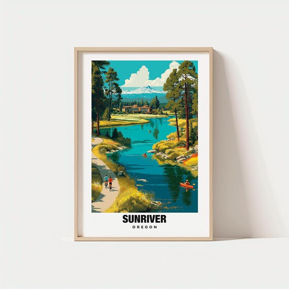 Sunriver Oregon River Cyclists Kayakers Snow Peak Scenic Poster