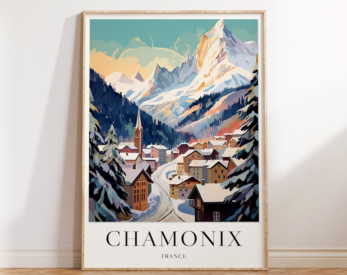 Chamonix Vintage Travel Poster, Ski Adventure Art Print