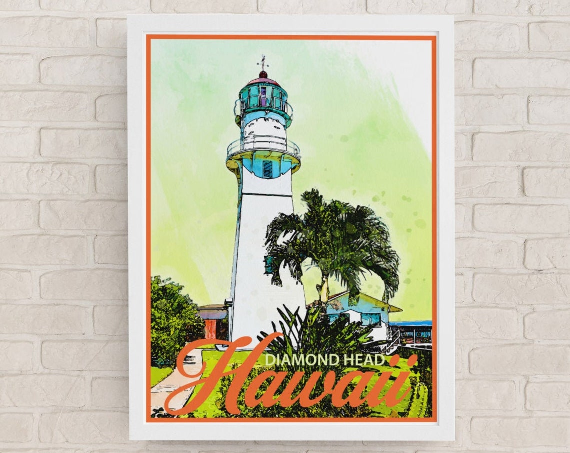 Hawaii Diamond Head Lighthouse Tropical Vintage Travel Poster