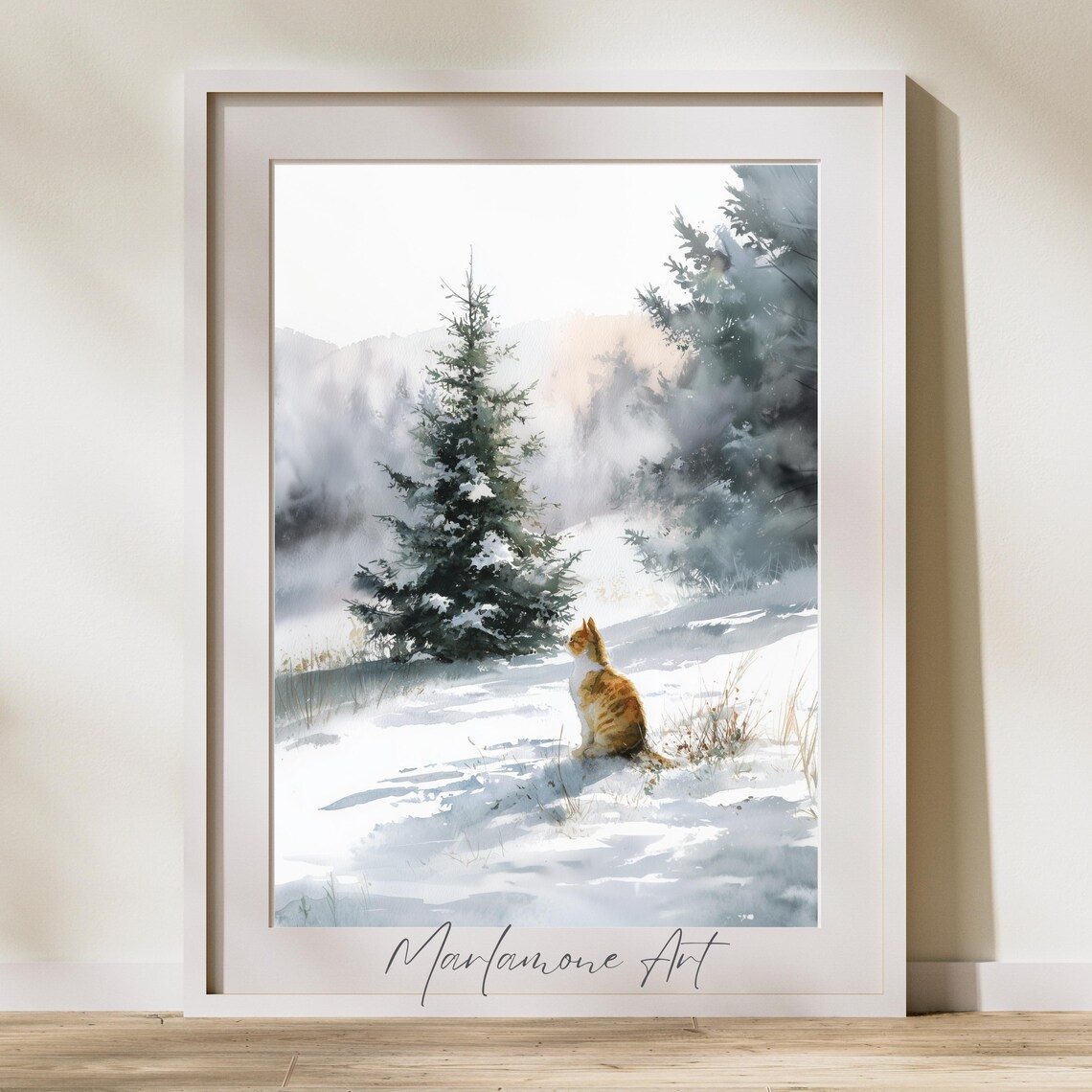 Ginger Cat Watching Snowy Pine Forest Watercolor Winter Poster