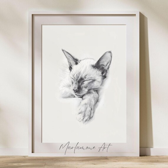 Peaceful Sleeping Siamese Cat Pencil Sketch Minimalist Poster