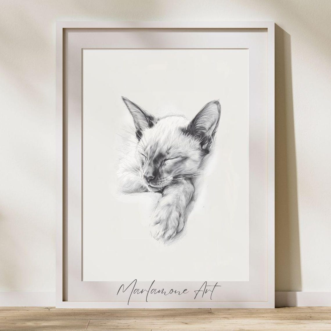 Peaceful Sleeping Siamese Cat Pencil Sketch Minimalist Poster