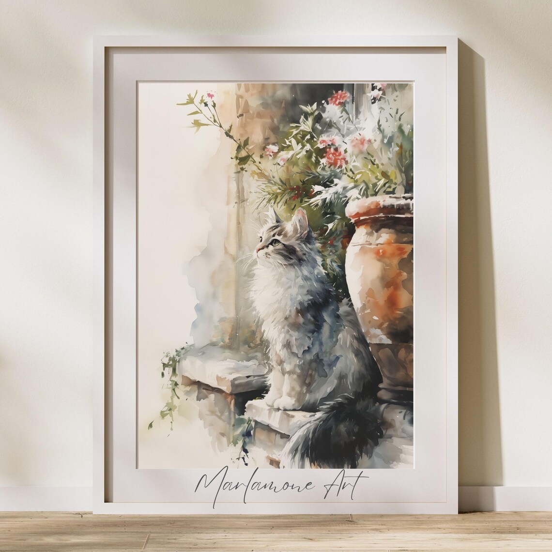 Watercolor Fluffy Cat by Garden Flowers Rustic Home Art Poster