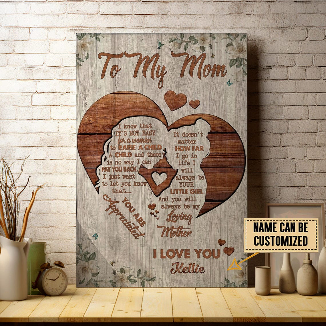 To My Mom Personalized Wooden Heart Mom And Daughter Silhouette Poster