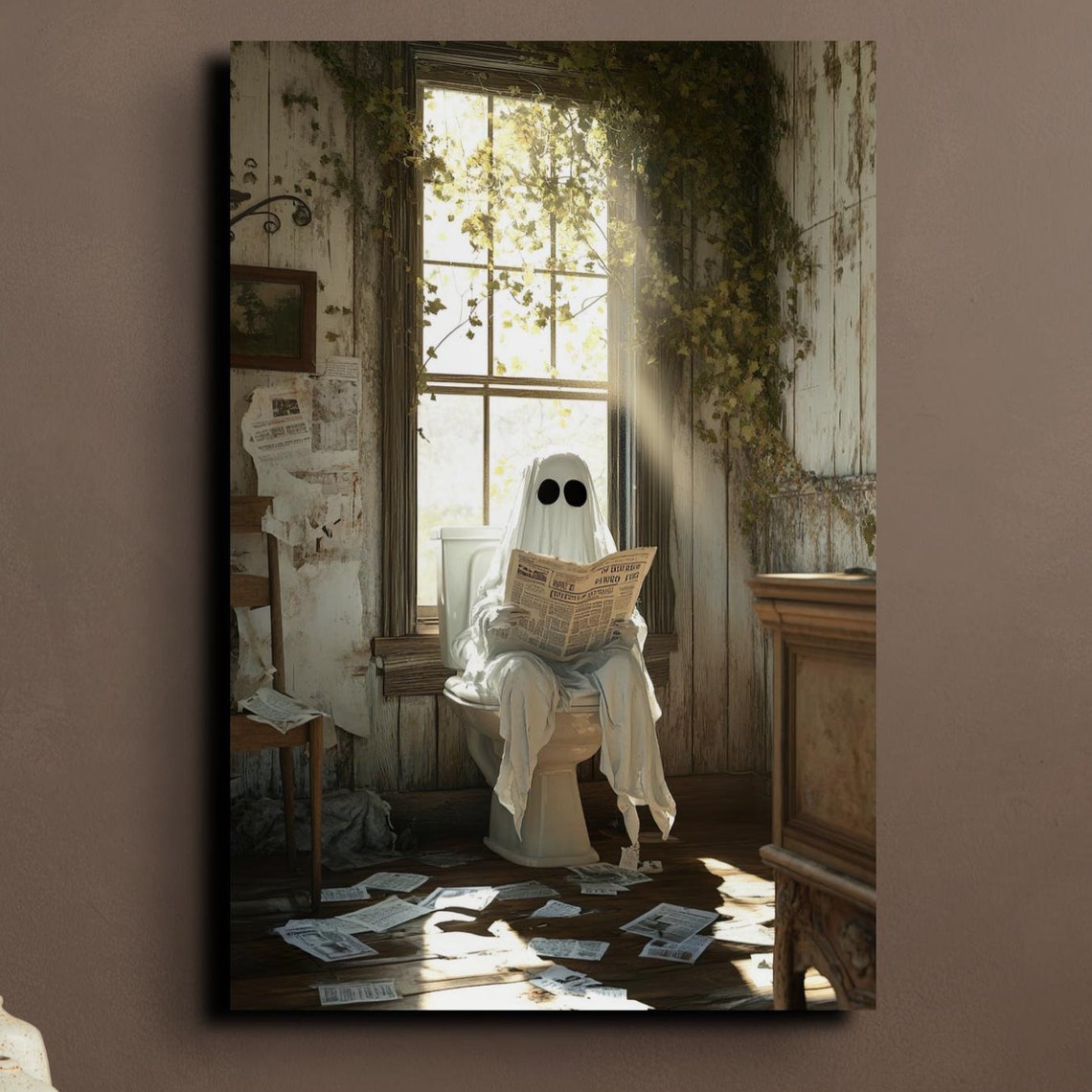 Cute Sheet Ghost Reading the Newspaper on a Toilet Halloween Poster