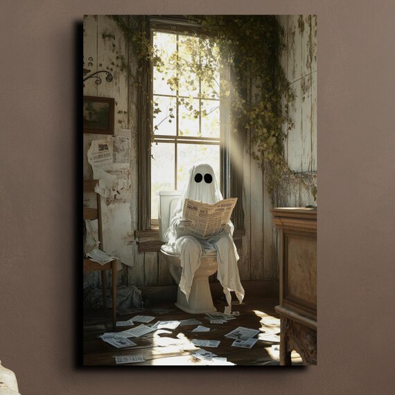 Cute Sheet Ghost Reading the Newspaper on a Toilet Halloween Poster