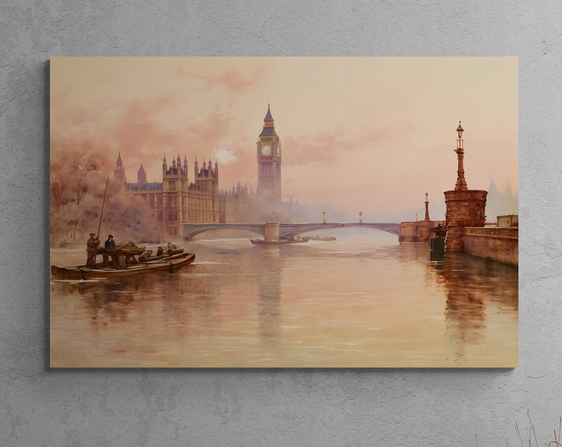 London Big Ben Parliament Sunset Over Thames Vintage Travel Poster - Image 3