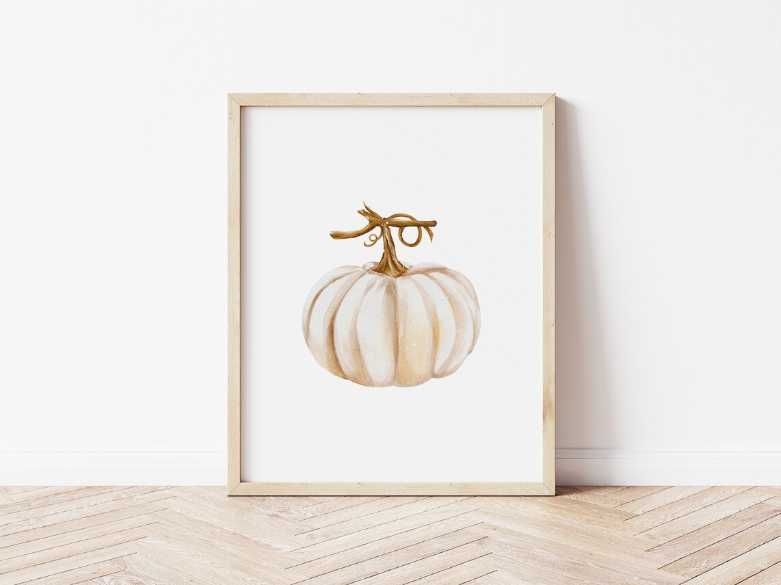 White Pumpkin Watercolor Art Print, Rustic Autumn Decor