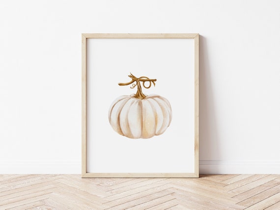 White Pumpkin Watercolor Art Print, Rustic Autumn Decor