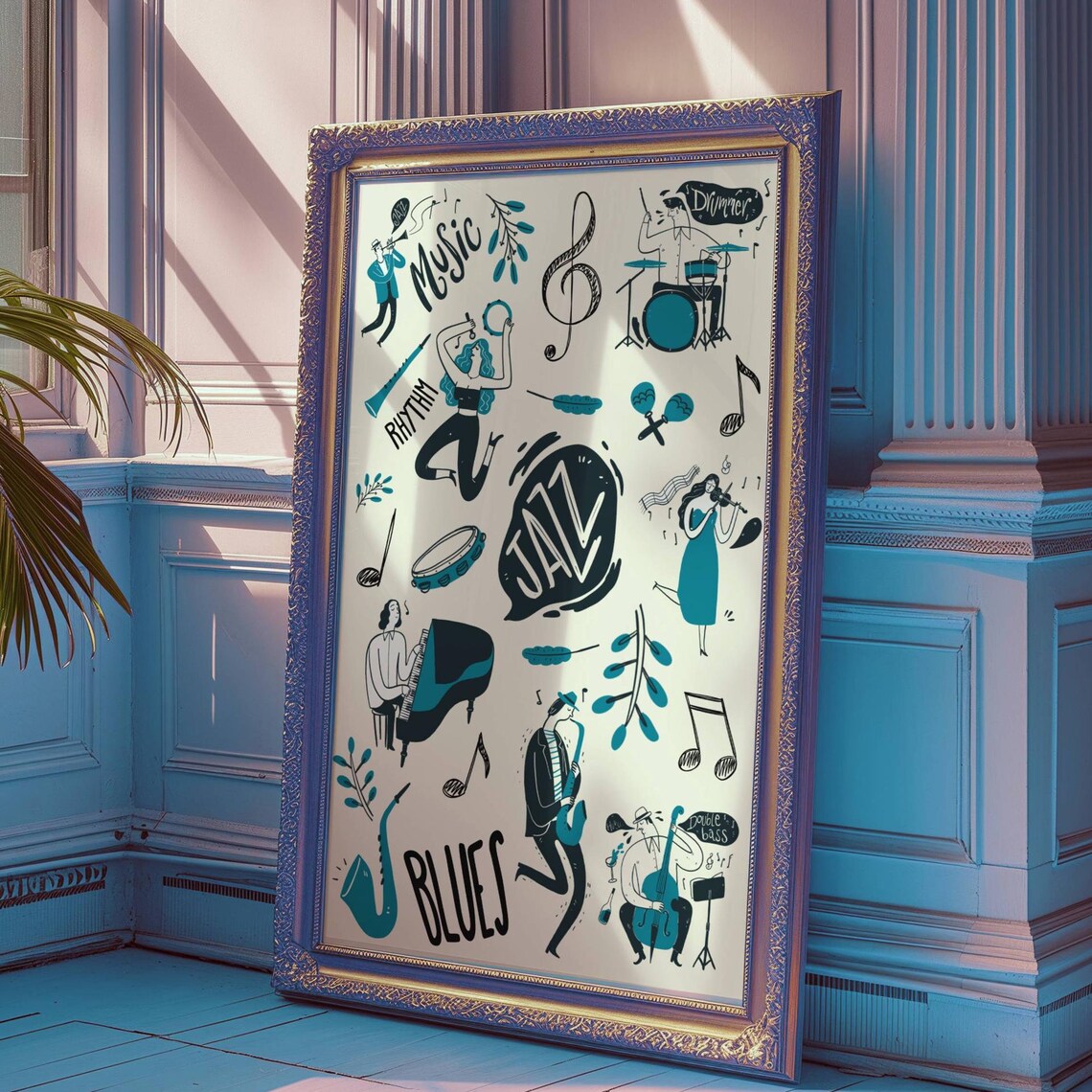 Jazz Blues Music Doodle Art Saxophone Piano Drummer Sketch Wall Art