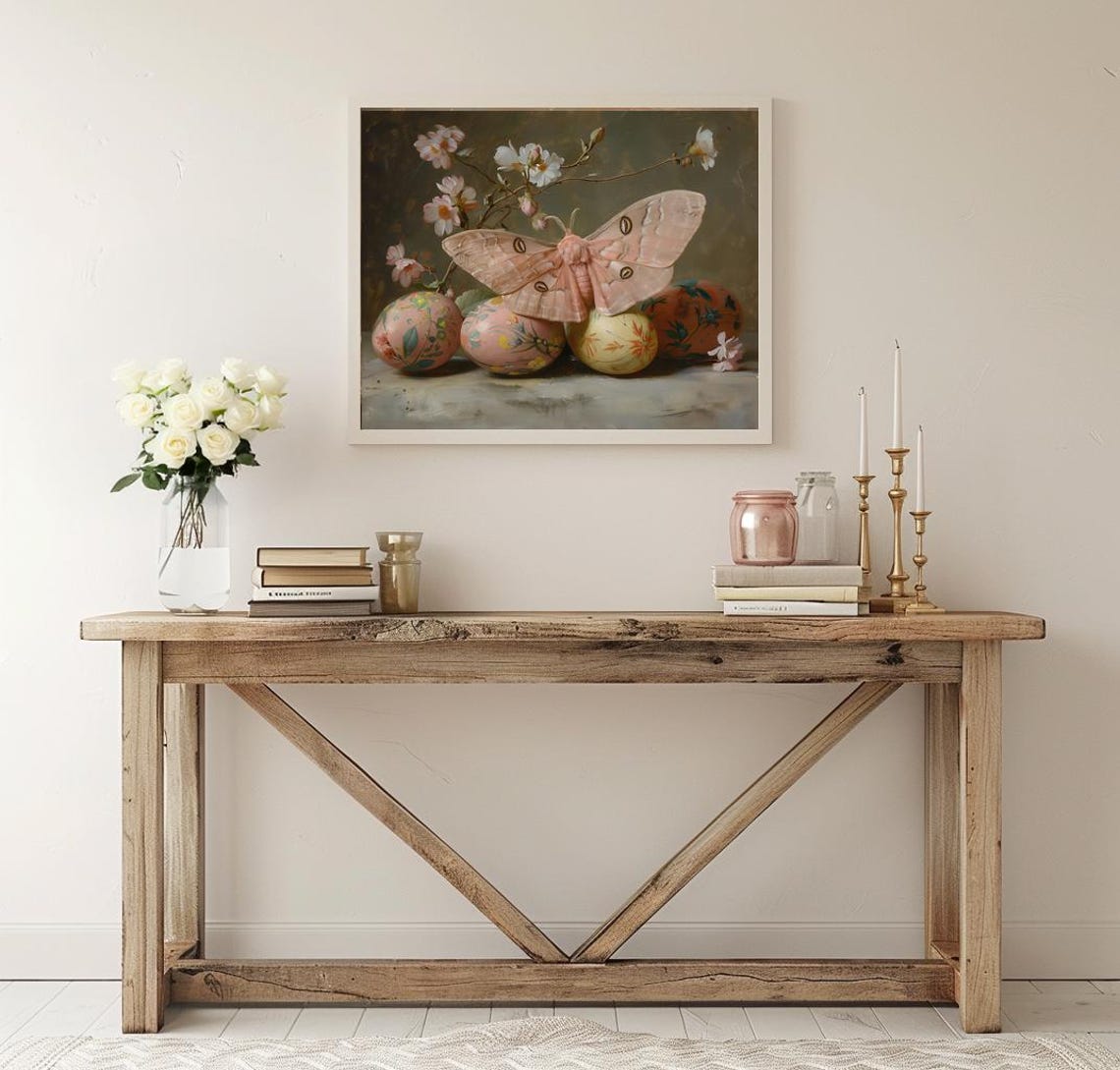Pink Moth with Painted Easter Eggs and Spring Blossoms Art Poster - Image 2