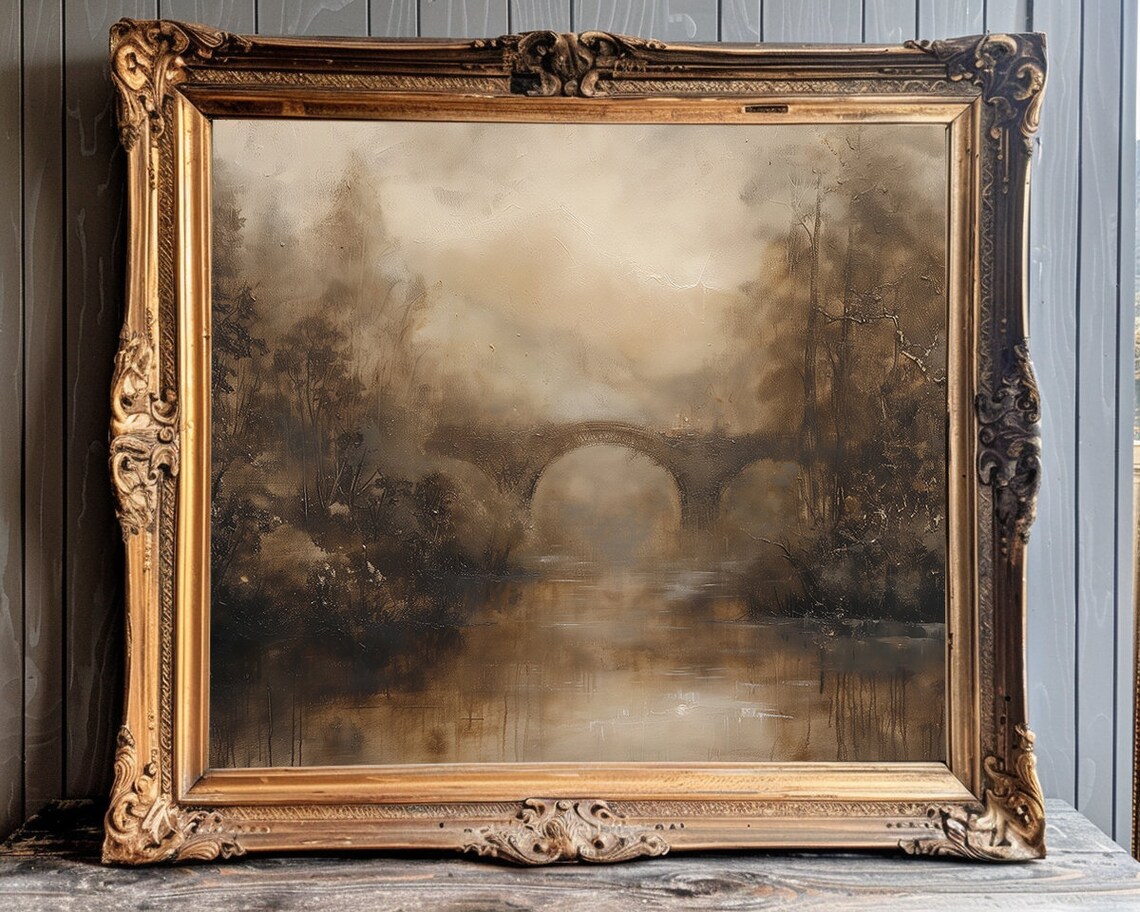 Moody Sepia Oil Painting of an Arched Bridge Over a River Poster
