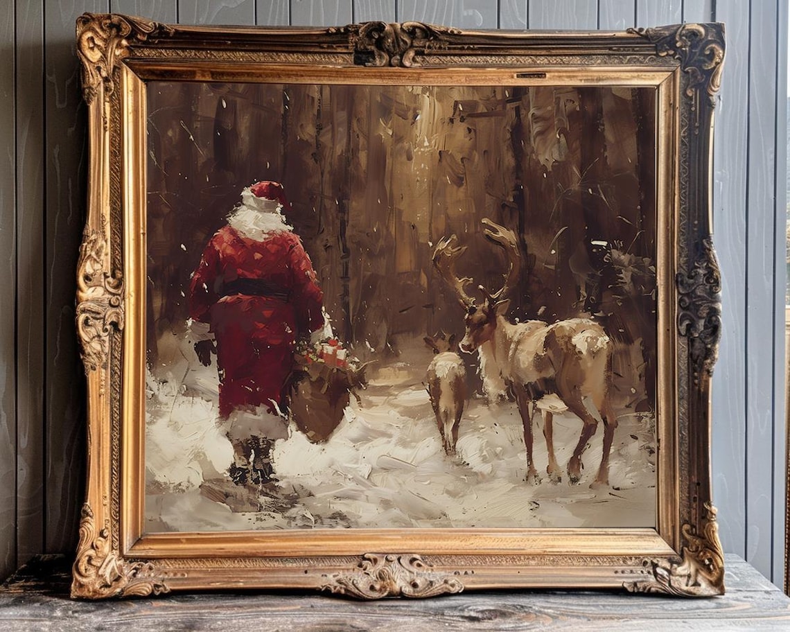 Santa Claus And Reindeer Moody Christmas Decor Vintage Santa Painting Warm Tone Christmas Decor Santa And Reindeer Print Vintage