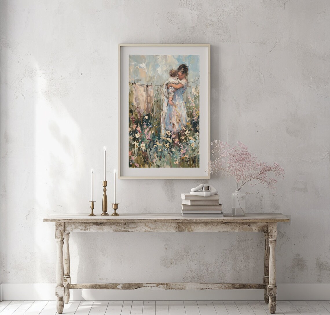 Mother Cradling Baby in a Blooming Garden by a Clothesline Poster - Image 4