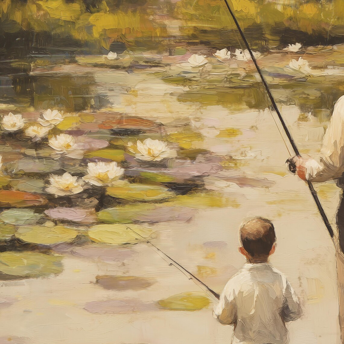 Grandfather And Grandson Fishing At Lily Pond Vintage Poster - Image 2