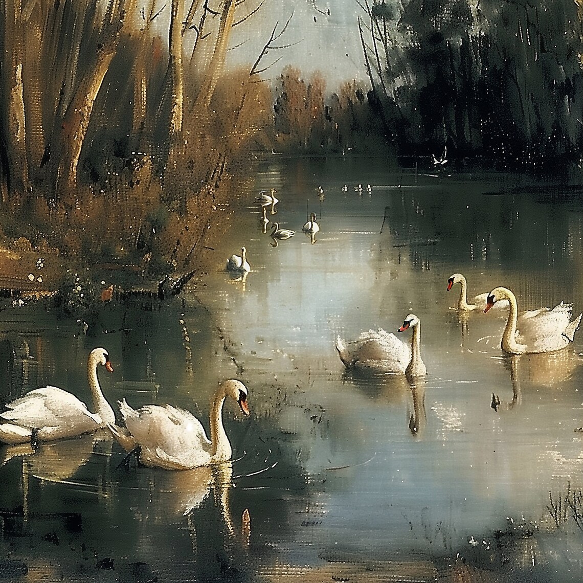 White Swans On a Dark Woodland River Moody Oil Painting Poster - Image 2