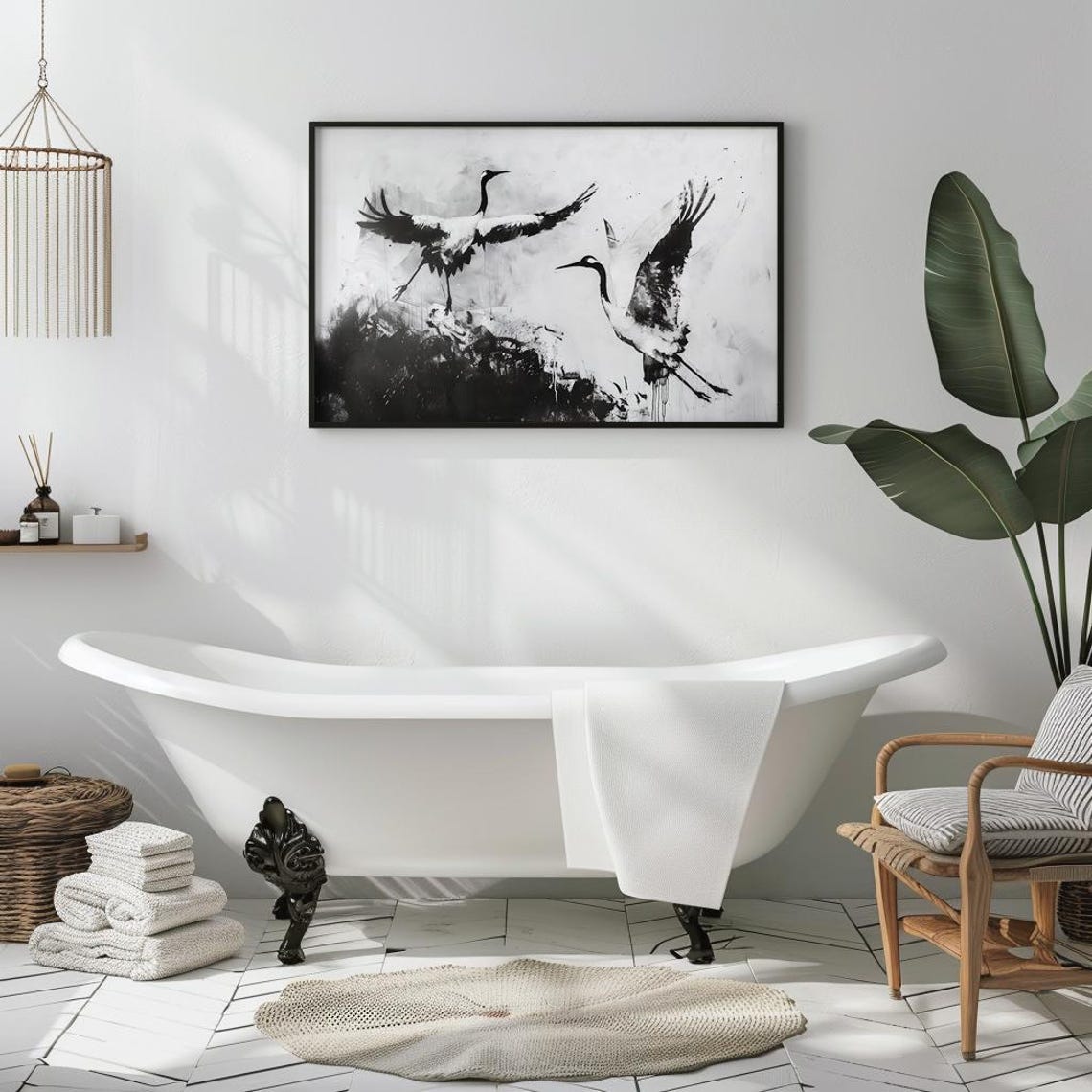 Two Cranes In Flight Black And White Ink Painting Art Poster - Image 3