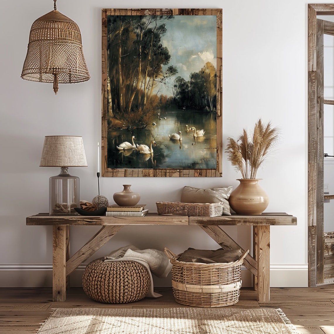 White Swans Gliding on a Forest River in Autumn Impressionist Poster - Image 3