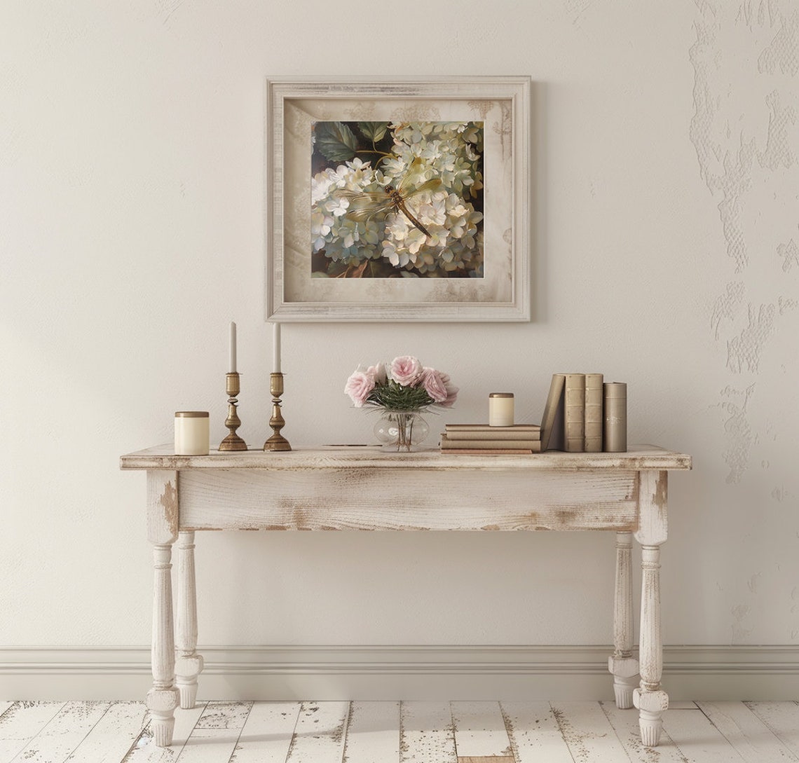 Dragonfly Resting on White Hydrangeas Vintage Botanical Poster - Image 3
