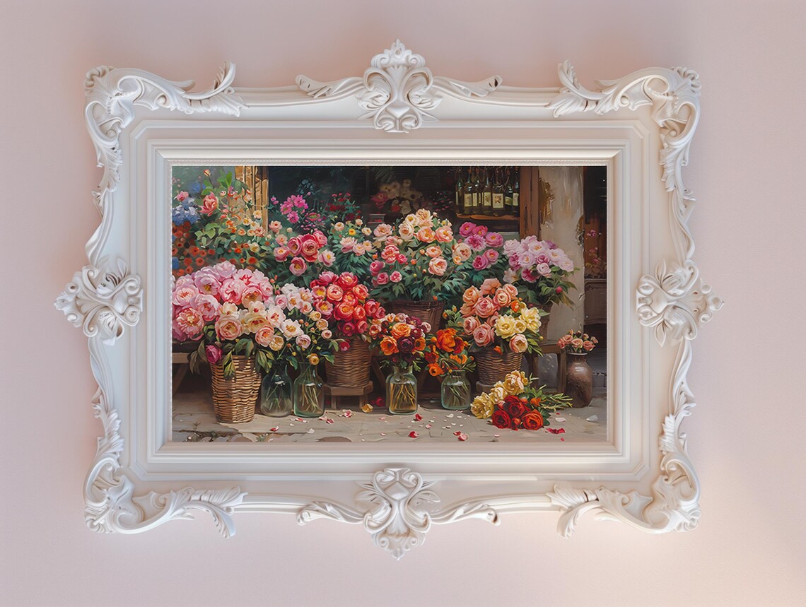Colorful Flower Market Stall with Baskets of Fresh Blooms Poster - Image 2