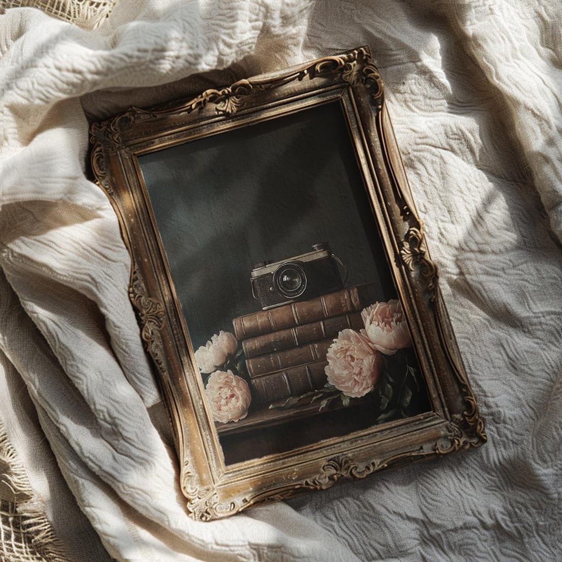 Vintage Film Camera On Old Books With Peonies Still Life Poster - Image 4