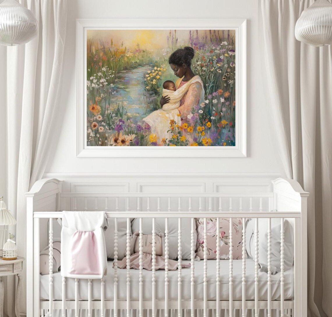 Mother and Baby by a Wildflower Stream in Vibrant Bloom Poster - Image 3
