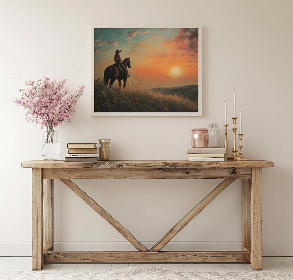 Cowgirl on Horseback at Sunset in the Tall Prairie Grass Poster - Image 3