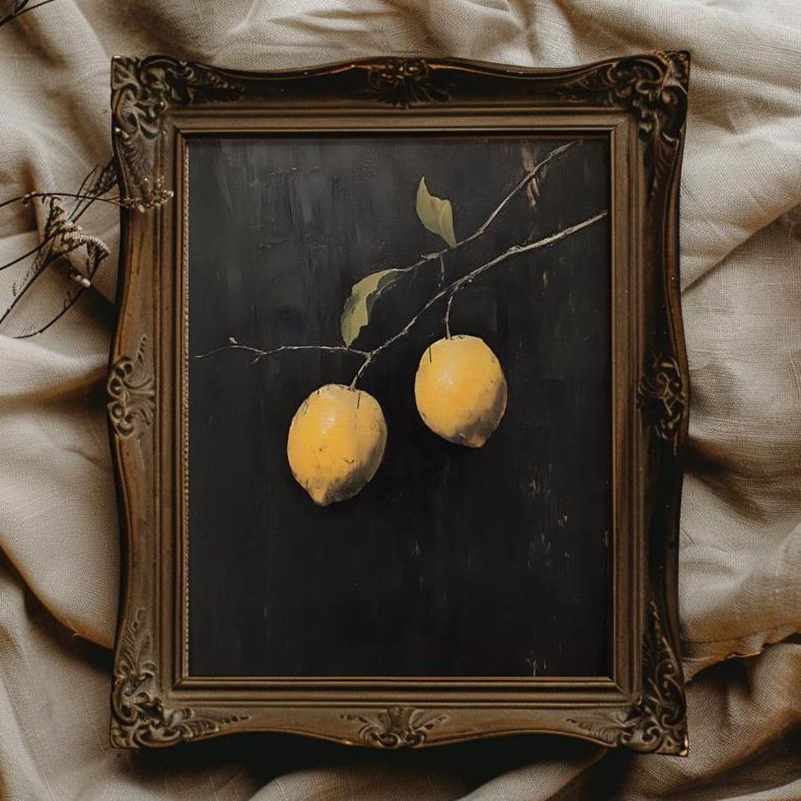 Two Lemons Hanging on a Branch Against a Dark Background Poster
