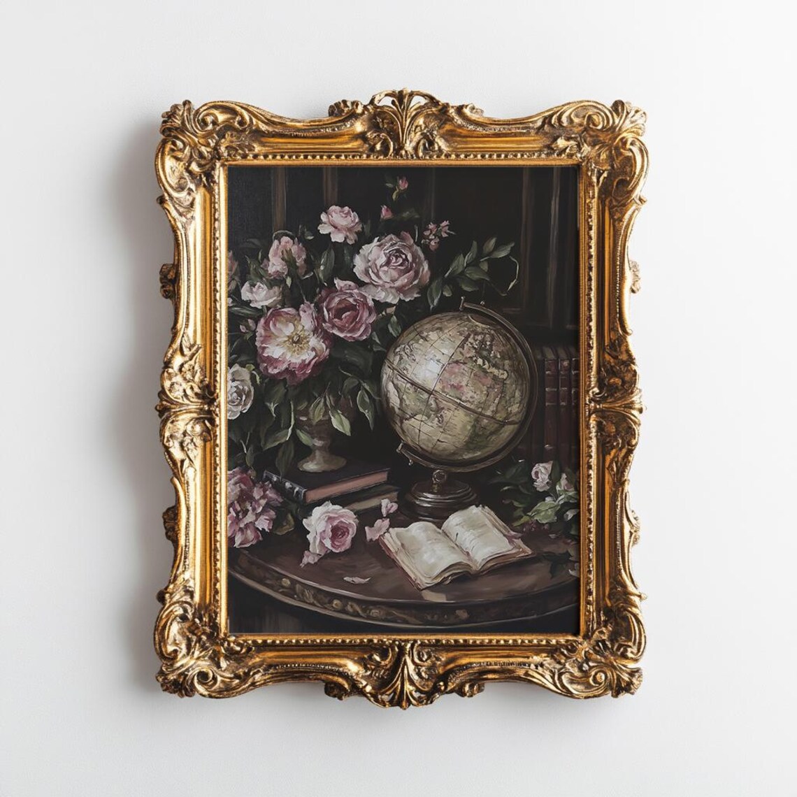 Vintage Globe With Pink Roses And Open Book Dark Academia Poster - Image 2