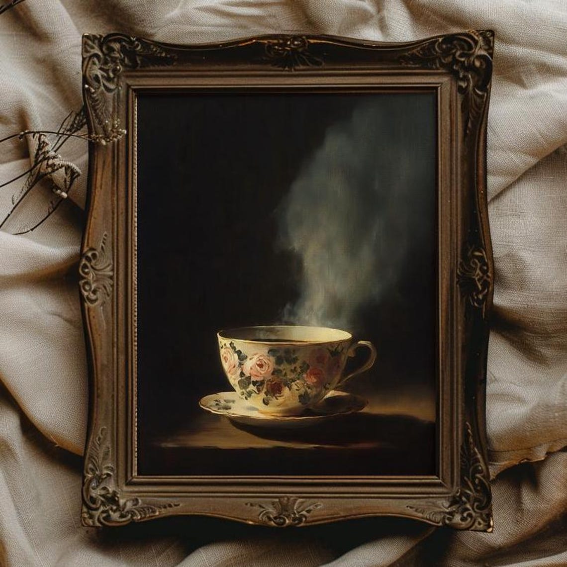 Steaming Floral Teacup On Dark Moody Background Kitchen Art Poster