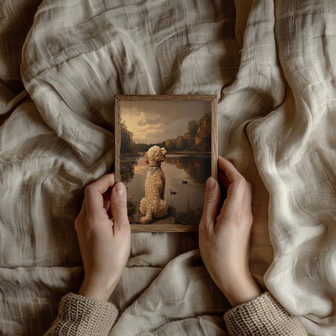 Curly Goldendoodle Watching Ducks At Golden Sunset Pond Art Poster - Image 3