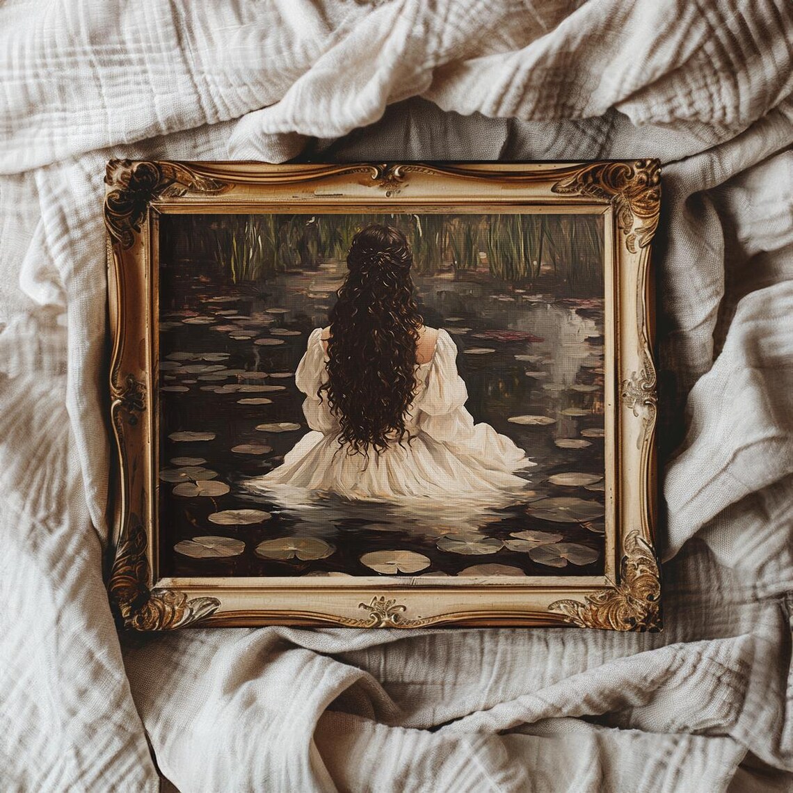 Woman in White Dress by the Lily Pond Lady of the Lake Poster - Image 3